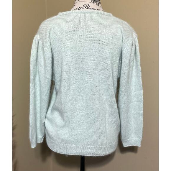 Vintage Knit Sweater Womens Large Seafoam Silk Angora Pullover Pastel Preppy 80s - Picture 3 of 7